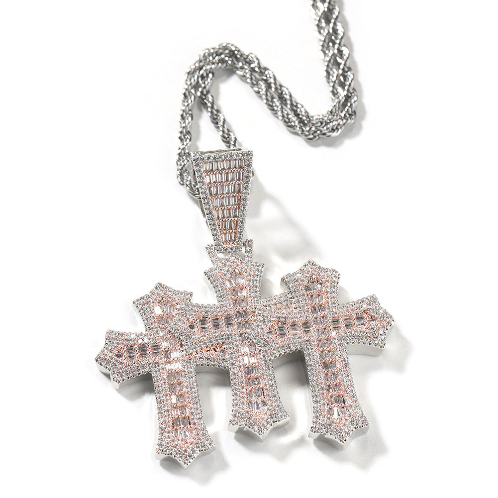 mens gold chain cross diamond-studded necklace