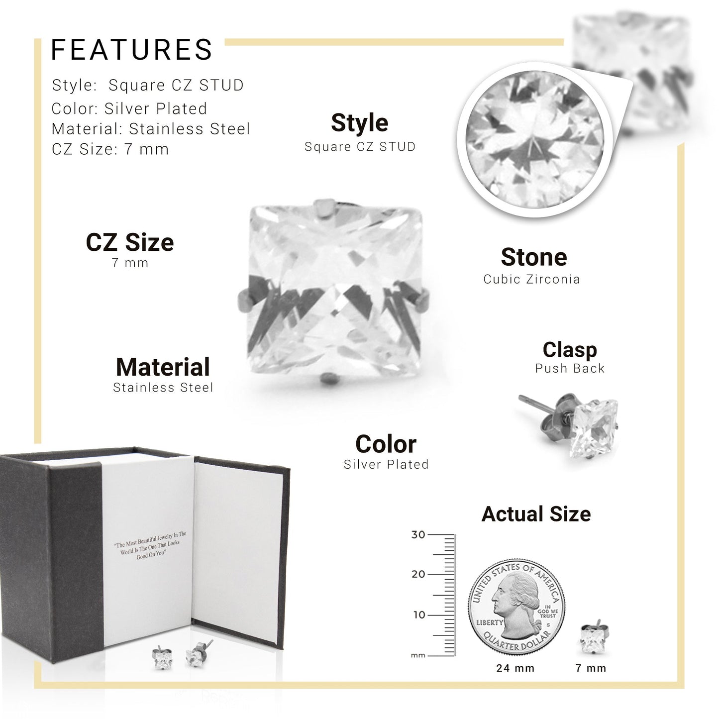 Cubic Zirconia Square Stud Earrings Stainless Steel Silver Jewelry Men Women